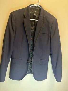 H&M Dark Navy Single-Breasted Blazer with Contrast Trim
